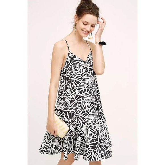 Whit Two Anthropologie Women's Claudia Swing Black White Leaf Print Mini Dress - Picture 1 of 9